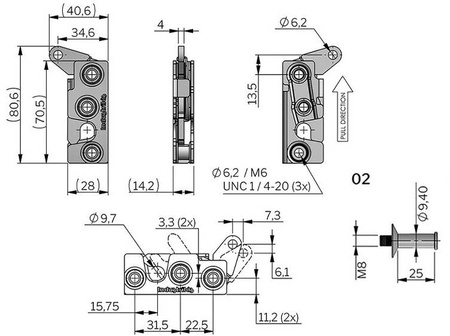 Rotary latch with parallel lever, single-stage, silent, M6, left, M8 pin