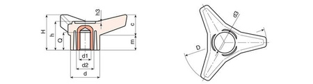 Tříramenný knoflík s závitovou pouzdrem D-85mm M10