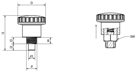 MINI positioning pin D-21mm d2-M8x0.75mm d1-5mm SW-10 with stainless steel pin