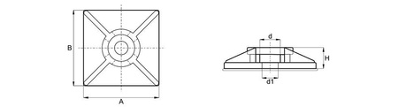 Adhesive base for cross mounting of cable ties A-26.5mm B-26.5mm d1-4.3mm