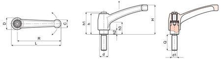 Verstellbarer Hebel aus Zinklegierung, mit Gewindebolzen aus rostfreiem Stahl und Metallknopf D-65mm M12.