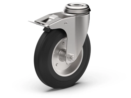 Swivel caster set with brake, mounting hole, roller bearing, rubber wheel D-125mm a-25mm