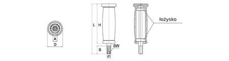 Rękojeść obrotowa łożyskowana z trzpieniem gwintowanym i gniazdem sześciokątnym D-35mm H-90mm M12 x 19mm