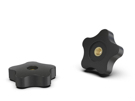 Flat star knob made of duroplast, with a through threaded bushing, D-70mm, H-22mm, M16.