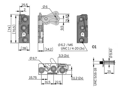 Rotary latch with a perpendicular lever, with an anti-vibration bushing, two-stage latch, UNC 1/4-20 mounting hole, left version, UNC 5/16-18 pin.