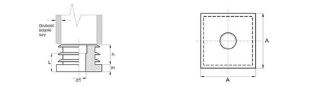 Threaded plug for square profiles A-32mm (31.8-1 1/4") d1-M10 1.5mm-2.0mm