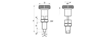 Hřídel určující D-21mm d2-M10x1,0mm SW-12 d1-5mm s blokádou, INOX