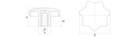 Star knob according to DIN 6336, with a blind threaded bushing D-43mm M8