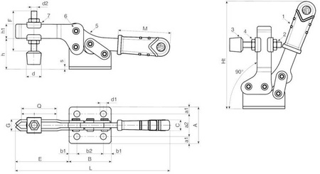 Horizontal quick-release clamp with horizontal flange and vertical clamp L-120mm, F1-100kg