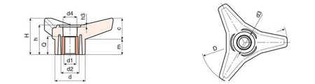 Three-arm knob with through threaded bushing D-125mm M14