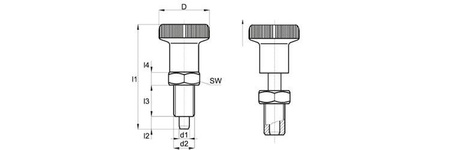 Hřídel pro nastavení D-25mm d2-M12x1,5mm SW-14 d1-6mm, INOX