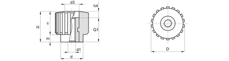 Knurled knob with through threaded bushing D-17.5mm M6