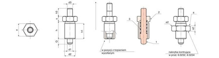 Hřídel určující H-65mm d2-M20x1,5mm d3-M10 d1-10mm z oxidované oceli a s kontrapřírubou