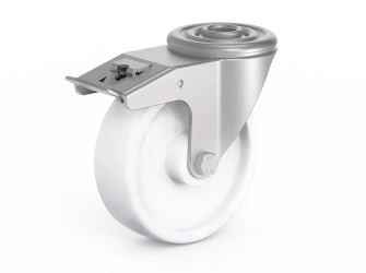 Zestaw kołowy, skrętny z hamulcem, otwór montażowy, łożysko ślizgowe, koło poliamid D-100mm a-35mm